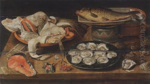 Huitres, Poissons Et Oeufs Dans Differents Plats, Une Darne De Saumon, Des Fleurs Et Des Coquillages Sur Un Entablement En Bois Oil Painting by Alexander Adriaenssen the Elder