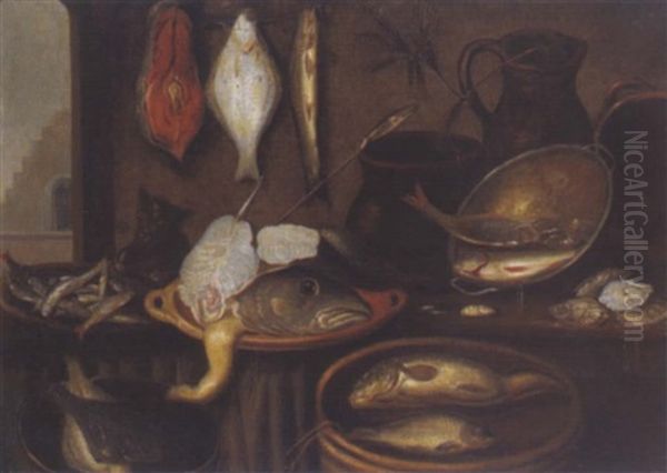 Stillleben Mit Fischen Und Einer Katze In Einer Kuche Oil Painting by Alexander Adriaenssen the Elder