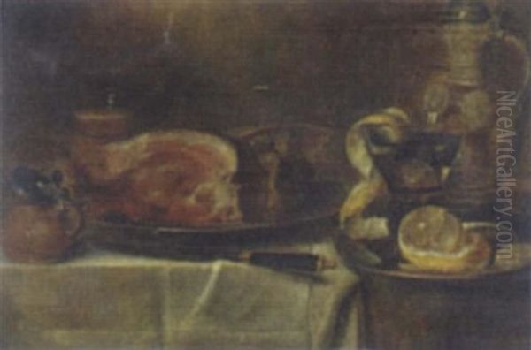 Still Life Of A Ham On A Pewter Plate And Other Objects, All On A Draped Table Oil Painting by Alexander Adriaenssen the Elder