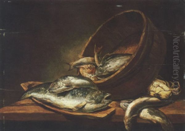 A Bass And A Hake In A Wooden Trencher, A Red Gurnard, A Whiting And Other Fish, With A Crab And Sardines On A Wooden Table Oil Painting by Alexander Adriaenssen the Elder