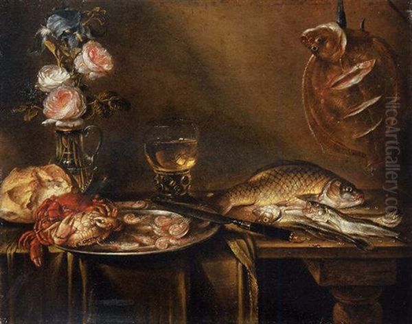 Roses And An Iris In A Glass Vase, Crabs And Prawns On A Pewter Platter, A Bread Roll, A Roemer And Fish On A Partly Draped Table Oil Painting by Alexander Adriaenssen the Elder