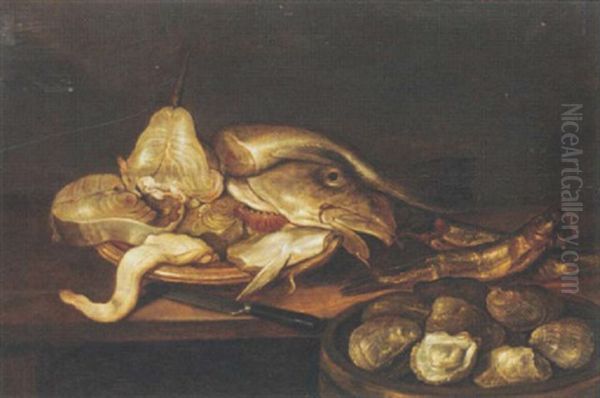 A Bowl Of Clams With A Plate Of Fish And Oysters On A Table Oil Painting by Alexander Adriaenssen the Elder