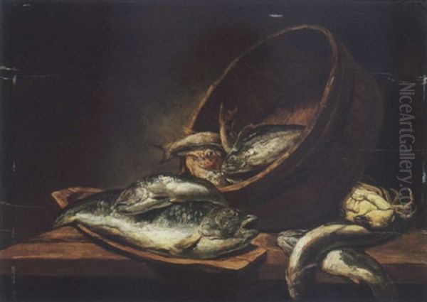 A Bass And A Hake In A Wooden Trencher, A Red Gurnard, A Whiting And Other Fish In A Pannier, With A Crab And Sardines On A Wooden Table Oil Painting by Alexander Adriaenssen the Elder