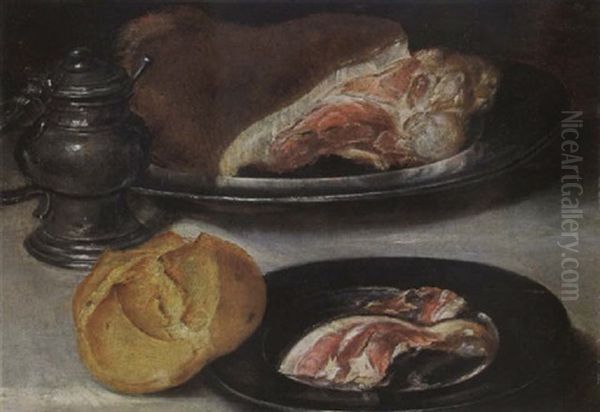 A Still Life With Ham On Pewter Plates, A Un And A Sugar Jar, All On A Table Covered With A White Cloth by Alexander Adriaenssen the Elder