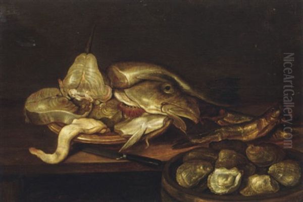 A Bowl Of Clams With A Plate Of Fish And Oysters On A Table Oil Painting by Alexander Adriaenssen the Elder