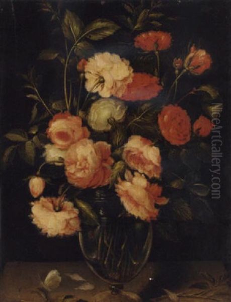 Red, Pink And White Roses In A Glass Vase With A Butterfly On A Ledge Oil Painting by Alexander Adriaenssen the Elder