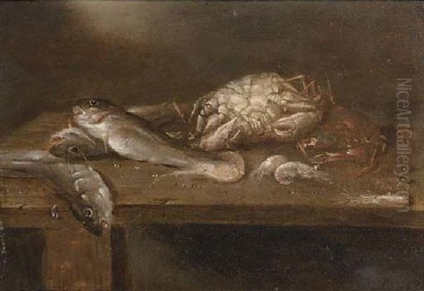 Crabs, Pikes And Shrimp On A Wooden Ledge Oil Painting by Alexander Adriaenssen the Elder