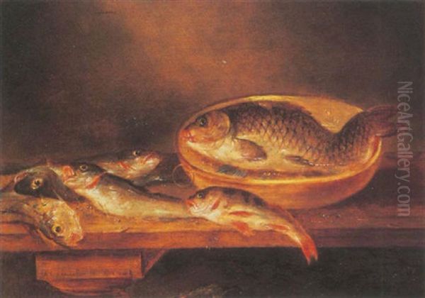 A Carp In A Copper Dish With Other Fish On A Table Oil Painting by Alexander Adriaenssen the Elder