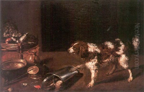 A Spaniel Confronting A Cat Amid A Still Life Of Kitchen Utensils Oil Painting by Alexander Adriaenssen the Elder