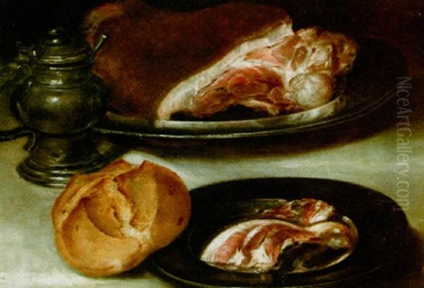 A Still Life With Ham On Pewter Plates, A Bun And A Sugar Jar, All On A Table Covered With A White Table Cloth Oil Painting by Alexander Adriaenssen the Elder