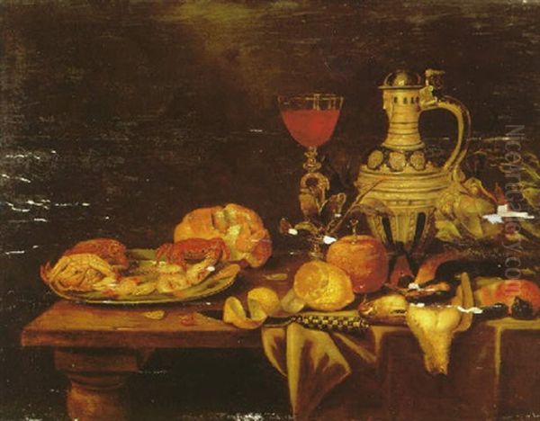 A Still Life Of A Silver Plate With Shellfish, A Peeled Lemon, An Orange, Dead Fowl, An Artichoke, A Saltglazed Stone Jug, A Glass Of Red Wine And A Loaf Of Bread Oil Painting by Alexander Adriaenssen the Elder