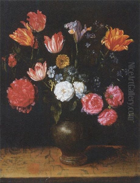 Roses, Lilies, Tulips, A Poppy And Other Flowers In A Stone Ware Jug On A Ledge Oil Painting by Alexander Adriaenssen the Elder