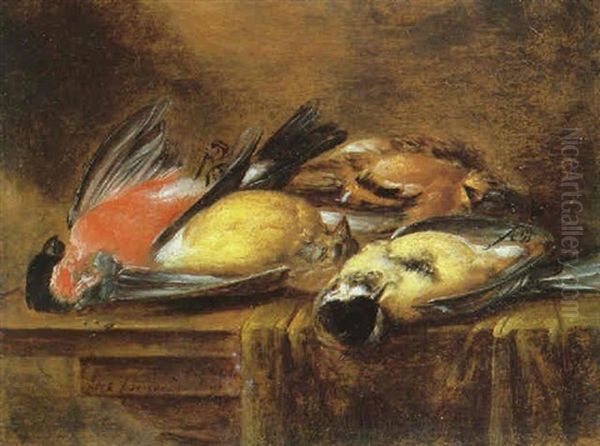 A Still Life Of Finches On A Partially Draped Wooden Table Oil Painting by Alexander Adriaenssen the Elder