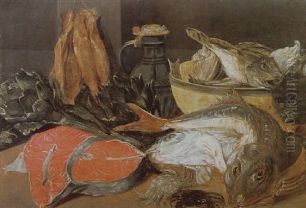 A Larder Still Life Of Fish, Crabs, Artichokes, A Pottery Jug And Bowl With A Fish On A Table Oil Painting by Alexander Adriaenssen the Elder