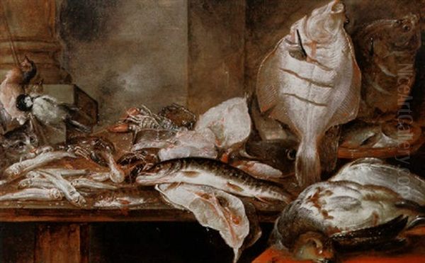 Still Life Of Fish, Lobster, Songbirds And An English Partridge, Together With A Cat, Upon A Table Top Oil Painting by Alexander Adriaenssen the Elder