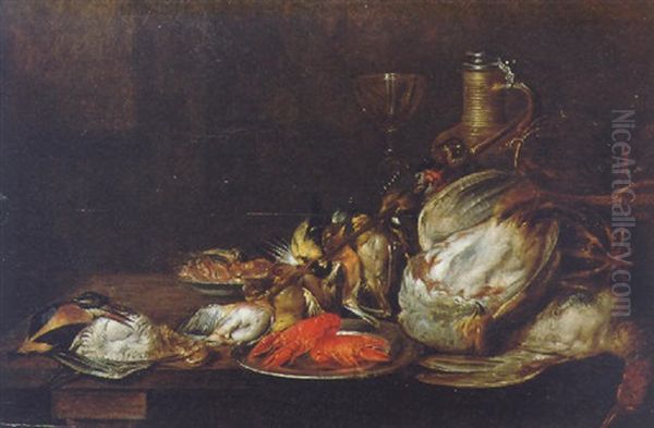 A Still Life Of Dead Game With Lobsters On A Silver Plate, A Glass Goblet, A Wine Flask, A Melon And A Basket On A Wooden Table Oil Painting by Alexander Adriaenssen the Elder