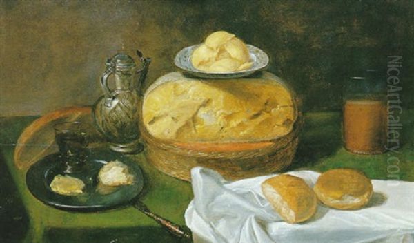 Nature Morte Au Fromage, Pichet Et Verre  De Vin Sur Un Entablement Oil Painting by Alexander Adriaenssen the Elder