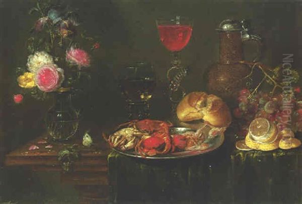 Still Life With Crabs, Flowers In A Vase, Fruit And Bread Oil Painting by Alexander Adriaenssen the Elder