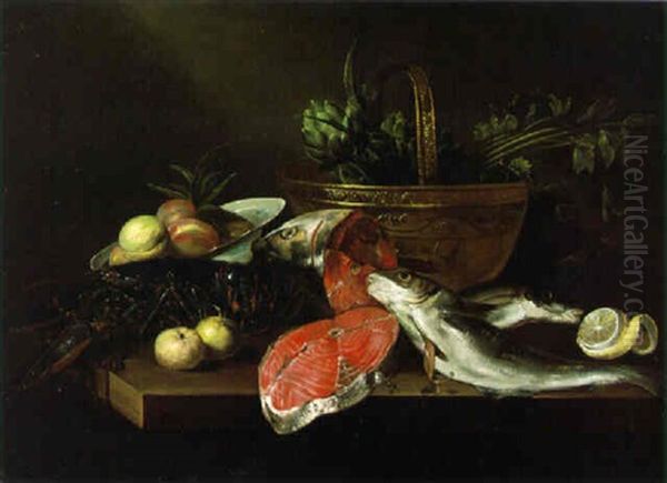 Fish, Lobster, A Cauldron And Other Objects On A Tabletop Oil Painting by Alexander Adriaenssen the Elder