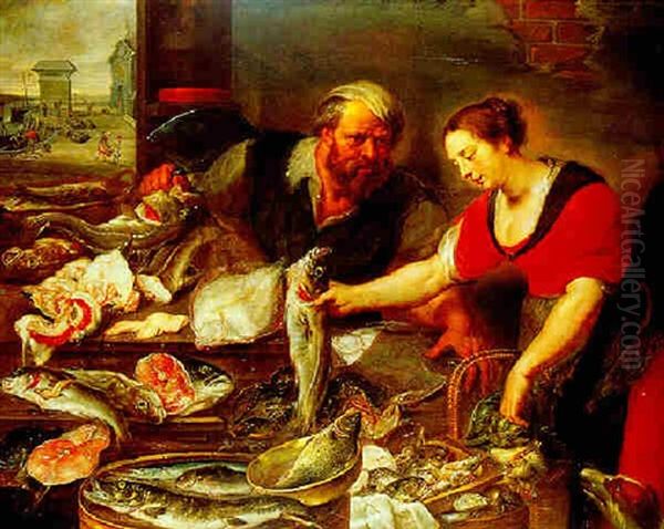 A Market Stall Laden With Fish, With A Woman Buying Cod And A View Of The Oude Kraan In Antwerp Beyond by Alexander Adriaenssen the Elder