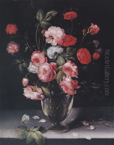 Still Life Of Roses And Carnations In A Glass Vase On A Marble Ledge Oil Painting by Alexander Adriaenssen the Elder