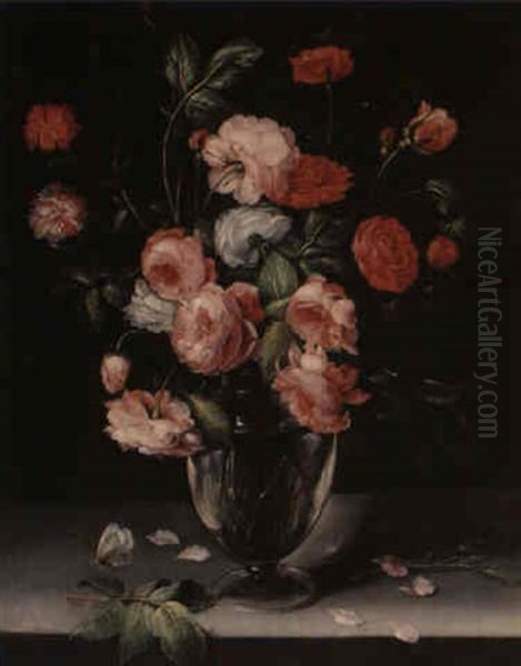 Still Life Of Roses And Carnations In Glass Vase On Marble Ledge Oil Painting by Alexander Adriaenssen the Elder