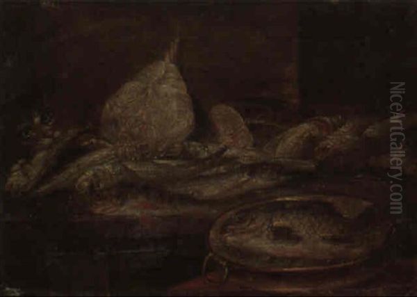 A Cat Stealing Mackerel From A Table Spread With Fish Oil Painting by Alexander Adriaenssen the Elder