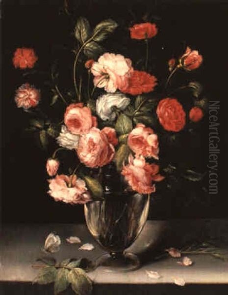 A Still Life Of Roses And Carnations In A Glass Vase On A Marble Ledge Oil Painting by Alexander Adriaenssen the Elder