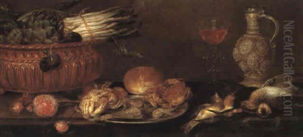 Nature Morte Aux Fleurs, Fruits, Oiseaux Et Crabes Oil Painting by Alexander Adriaenssen the Elder