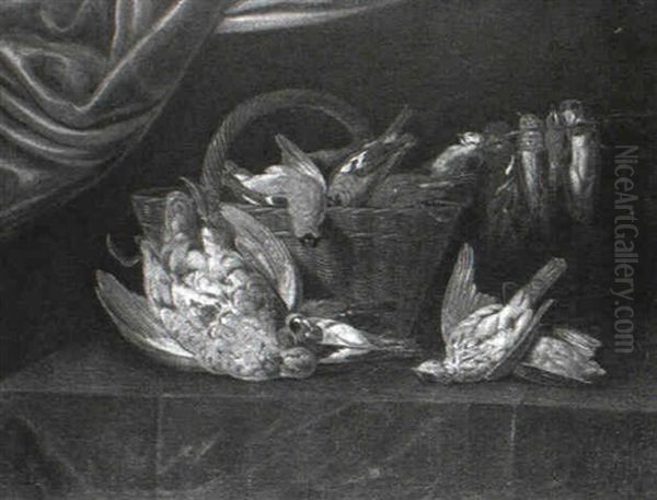 Still Life Of Birds With A Wicker Basket Upon A Ledge       Covered With A Green Cloth Oil Painting by Alexander Adriaenssen the Elder