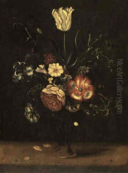 A Still Life Flowers Including A Tulip, Roses And A Peony   In A Glass Vase On A Table With Insects Oil Painting by Alexander Adriaenssen the Elder