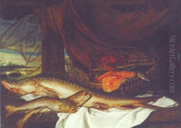 A Catfish And Trout On A Partially Draped Table By Slices Of Salmon, A Lobster And Other Fish In A Creel Oil Painting by Alexander Adriaenssen the Younger