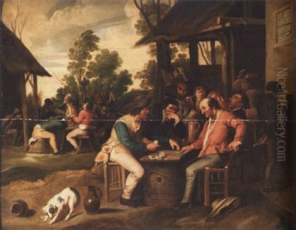 Peasants Playing Cards Outside An Inn by Vincent Adriaenssen