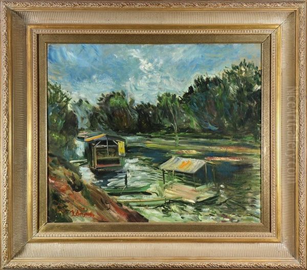 River Scene With Boats Oil Painting by Lucien Adrion