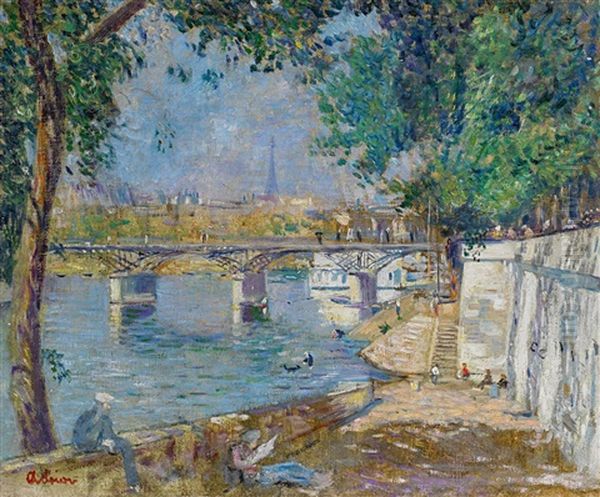 Paris. Sommertag Am Seineufer Unterhalb Der Pont Des Arts Oil Painting by Lucien Adrion