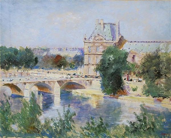 The Seine Overlooking The Louvre Museum (bridge, Pont Royal) Oil Painting by Lucien Adrion