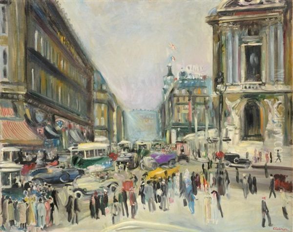 Rue Auber And The Opera, Paris Oil Painting by Lucien Adrion