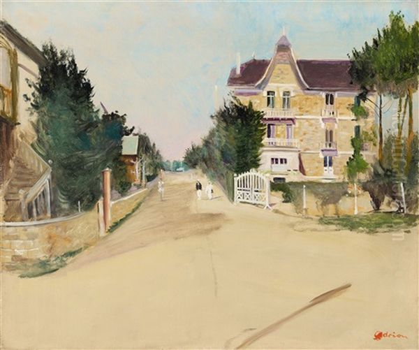 Untitled (strasse In Bievres Mit Spaziergangern) Oil Painting by Lucien Adrion