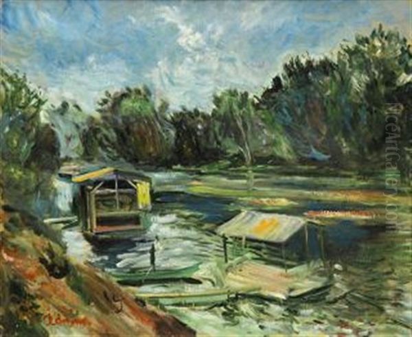 River Scene With Boats Oil Painting by Lucien Adrion