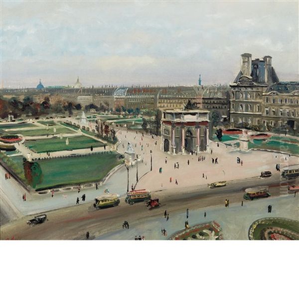 L'arc De Triomphe Du Carrousel With The Jardin Des Tuileries Oil Painting by Lucien Adrion