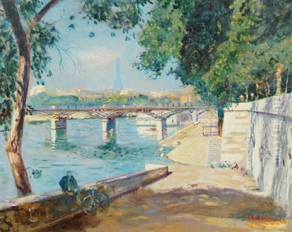 By The Seine, With Eiffel Tower In The Background Oil Painting by Lucien Adrion