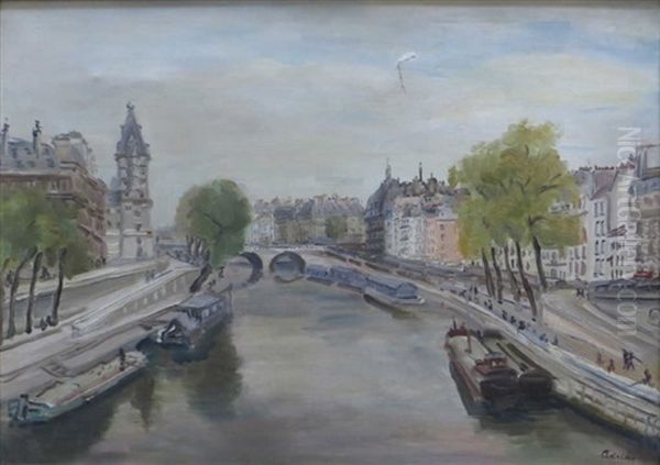 Vue De Paris, Pont De La Cite Oil Painting by Lucien Adrion