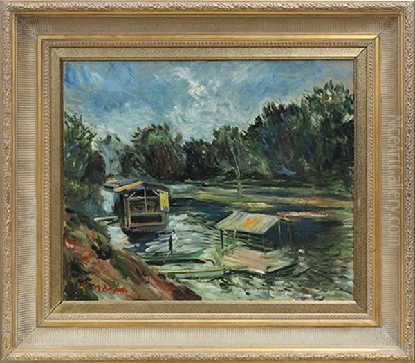 River Scene With Boats Oil Painting by Lucien Adrion