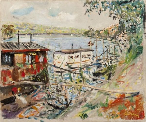 Le Bateau Lavoir Le Long De La Seine Oil Painting by Lucien Adrion