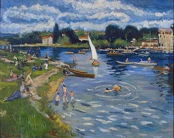 La Baignade A Bougival Oil Painting by Lucien Adrion