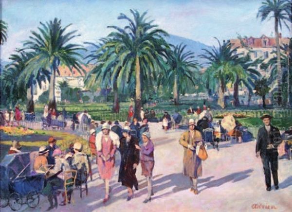 Jardin Public Anime Sur La Cote D'azur (nice?) Oil Painting by Lucien Adrion