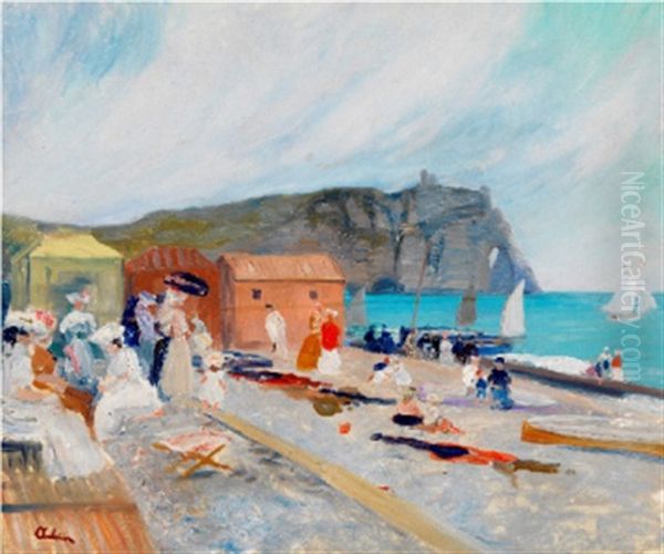 Plage En Normandie Pres Des Falaises D'etretat Oil Painting by Lucien Adrion