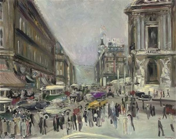 Boulevard Haussman, Derriere La Place De L'opera Oil Painting by Lucien Adrion