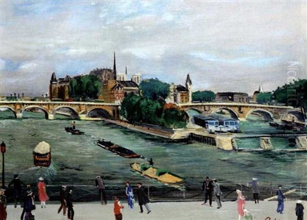 Le Pont Neuf Et L'ile De La Cite Oil Painting by Lucien Adrion