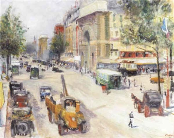 A Bustling Parisian Boulevard Oil Painting by Lucien Adrion